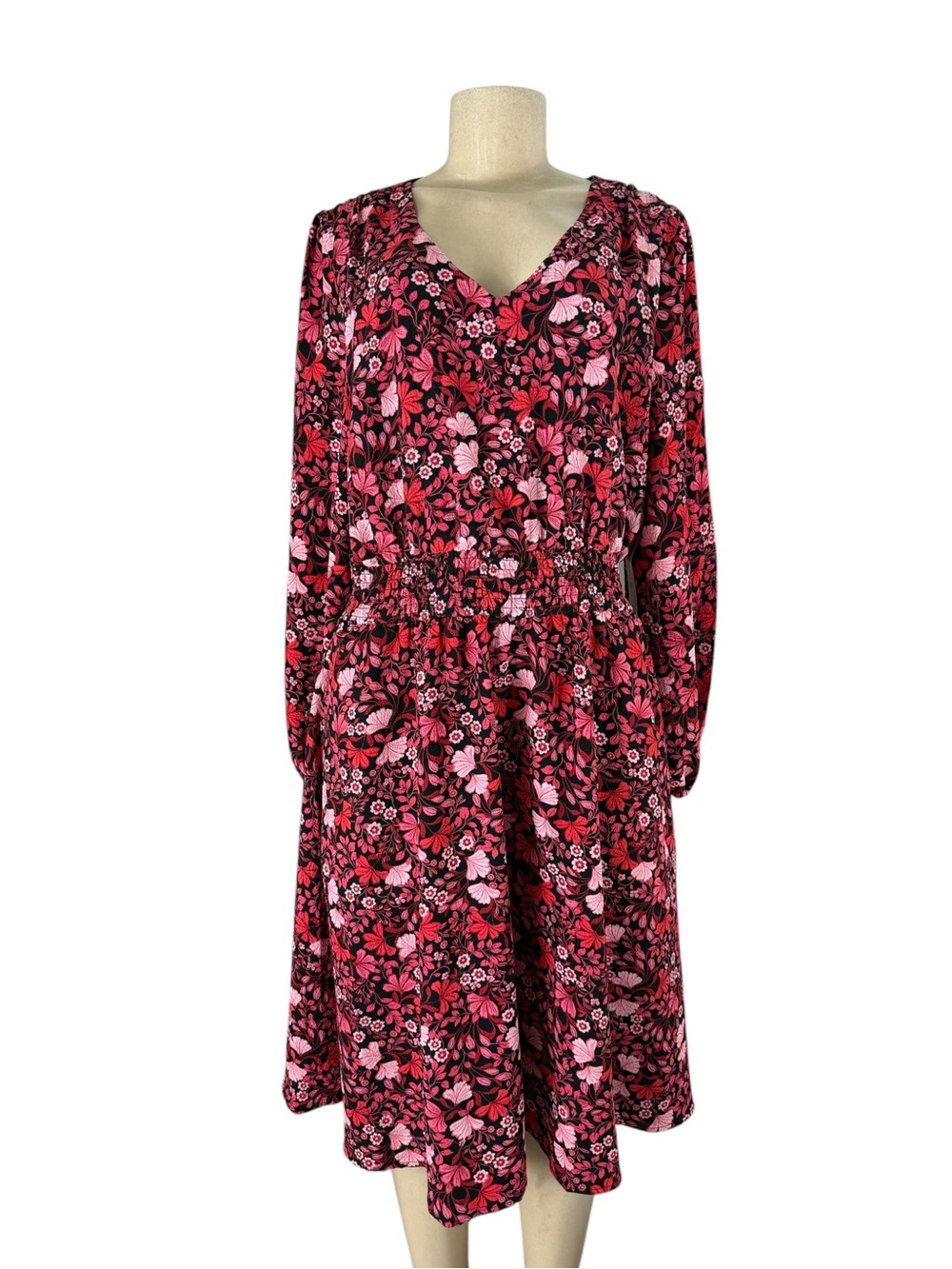 NWT DRAPER JAMES Floral V-Neck Long Sleeve Midi Dress - Pink/Black - Picture 3 of 7